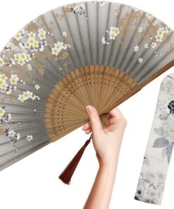 Hand Fan Foldable for Women, Japanese Chinese Fan, Gray Sakura