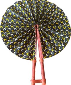Handmade African Ankara Fabric Handheld Portable Fan with Genuine Leather Handle, Green Yellow Tri, 12x15, Made in Ghana