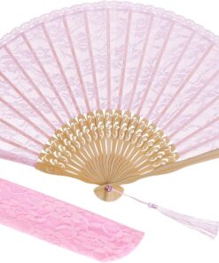 choyaxo Pink Lace Handheld Fan Bamboo Folding Fan