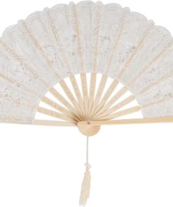 choyaxo Cotton Lace Folding Hand Fans Embroidered Flowers Pattern Handheld Fans for Costume Weddings Dancing Party DIY Bridal Hand Fan (Beige)